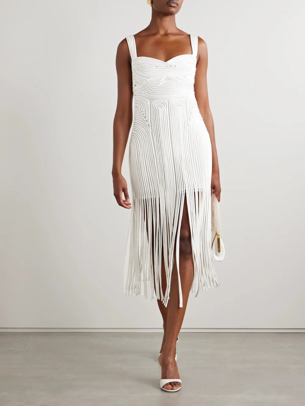 Simkhai Darby Fringed Appliquéd Tulle Midi Dress, worn by a model