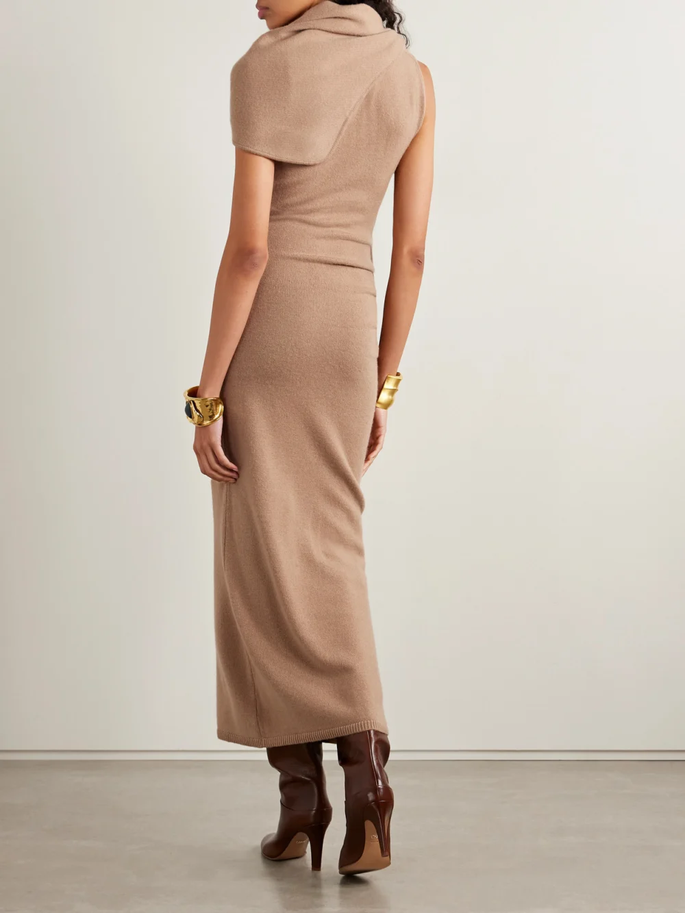 Back view of the Simkhai Hathaway Scarf-effect Draped Wool and Recycled Cashmere-blend Midi Dress