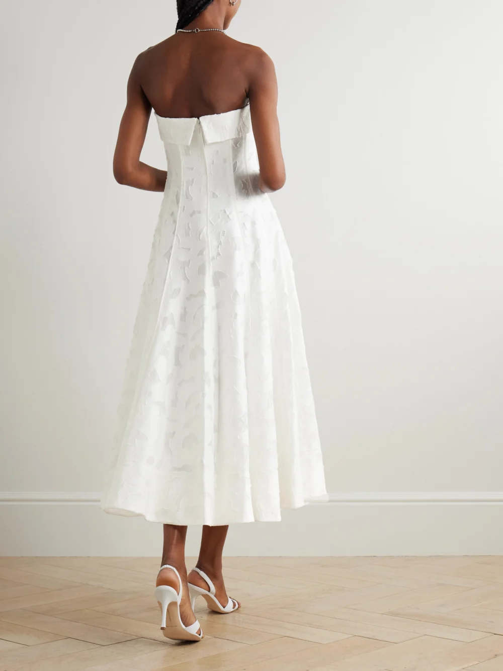 Back view of the Simkhai Imogen Strapless Fil Coupé Jacquard Midi Dress
