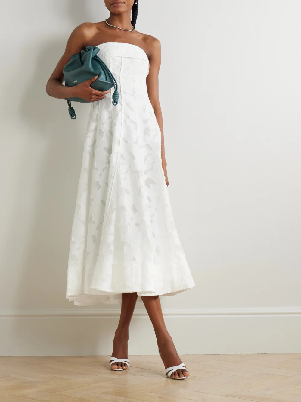 Simkhai Imogen Strapless Fil Coupé Jacquard Midi Dress, worn by a model