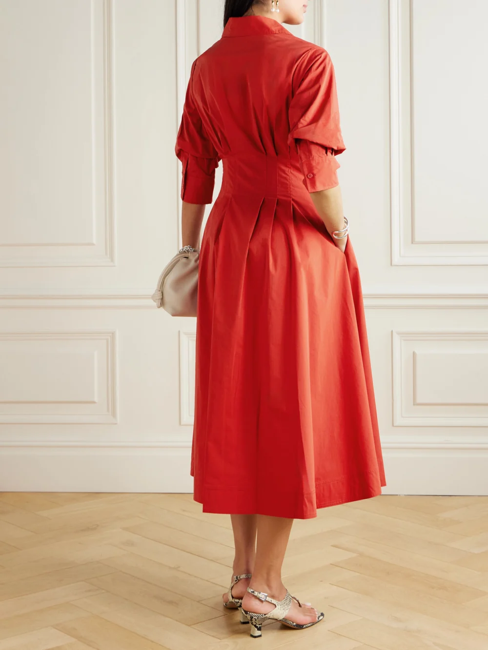 Back view of the Simkhai Jazz Pleated Cotton-blend Poplin Midi Shirt Dress