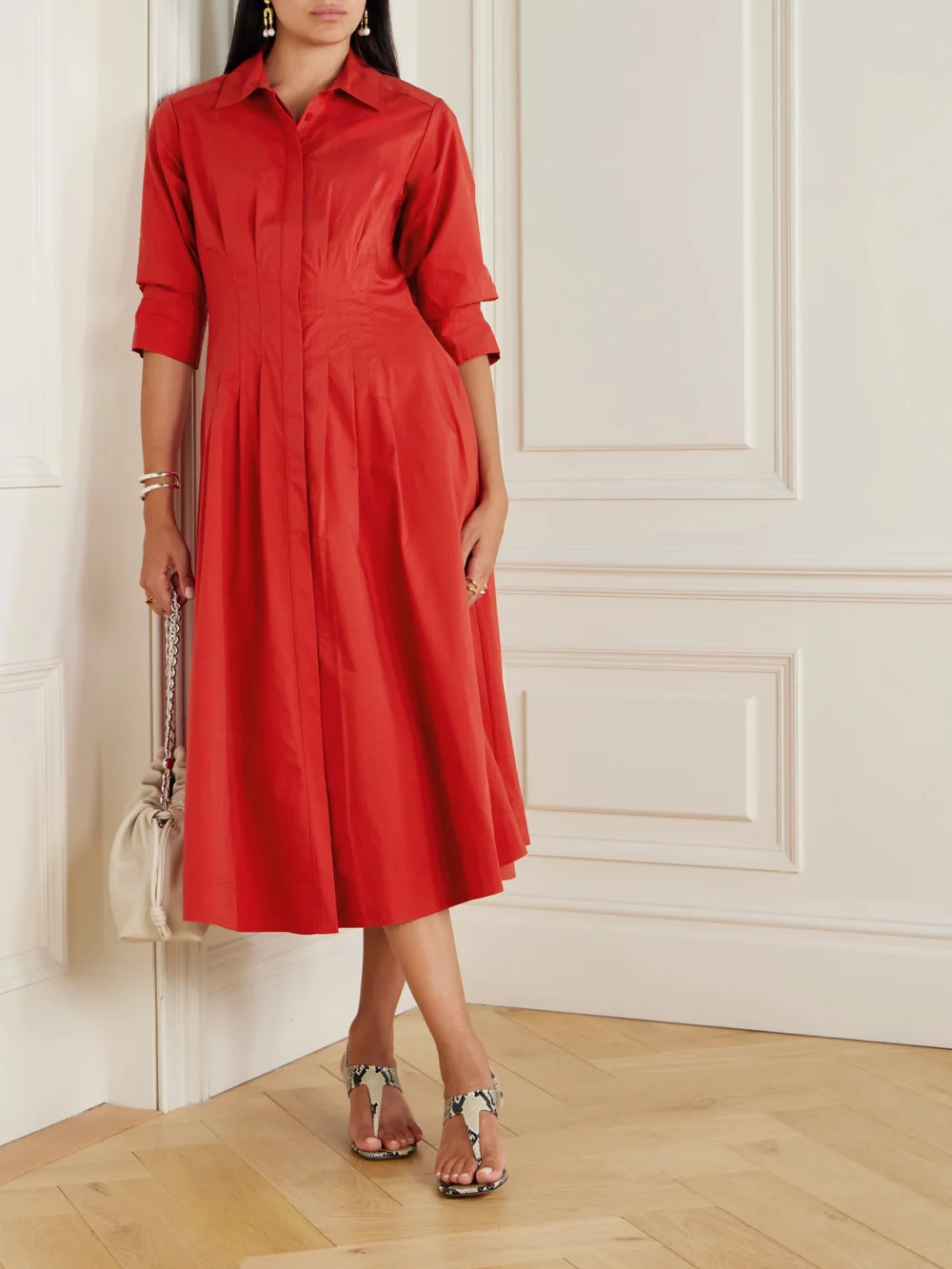 Simkhai Jazz Pleated Cotton-blend Poplin Midi Shirt Dress, worn by a model