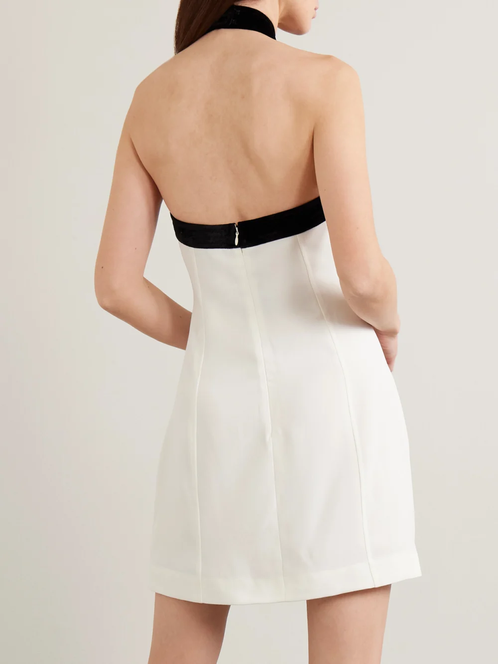 Back view of the Simkhai Jolie Bow-detailed Velvet-trimmed Crepe Mini Dress