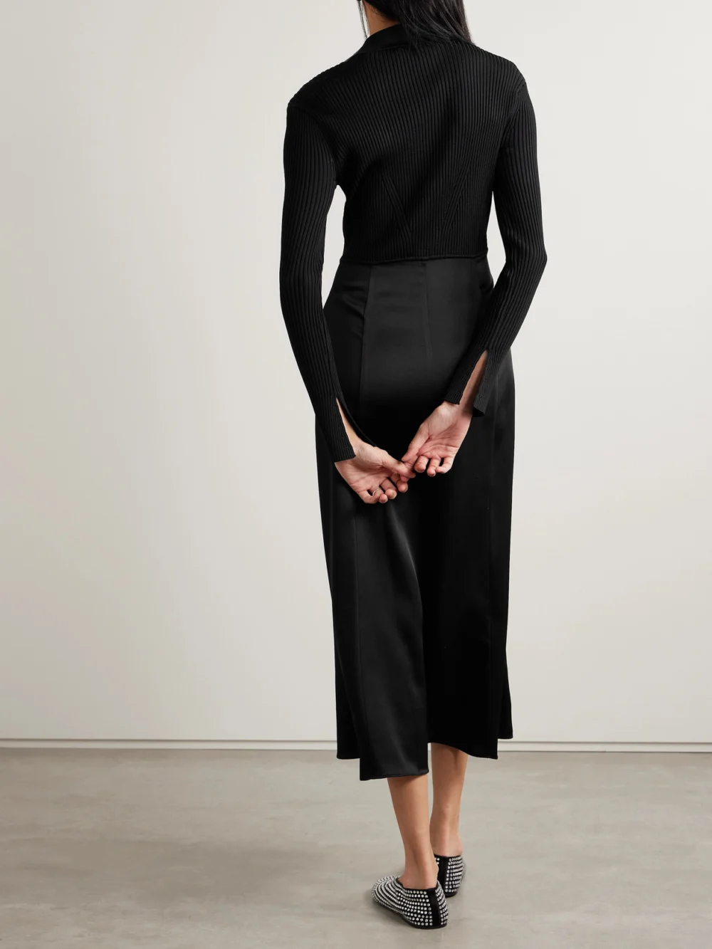 Back view of the Simkhai Jonny Satin-crepe and Ribbed-knit Midi Dress