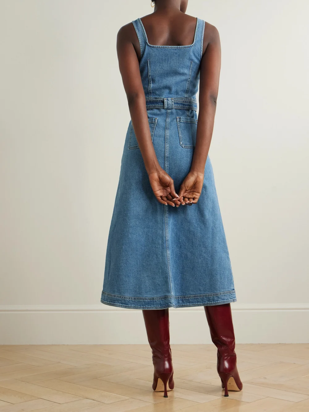 Back view of the Simkhai Manson Belted Denim Midi Dress