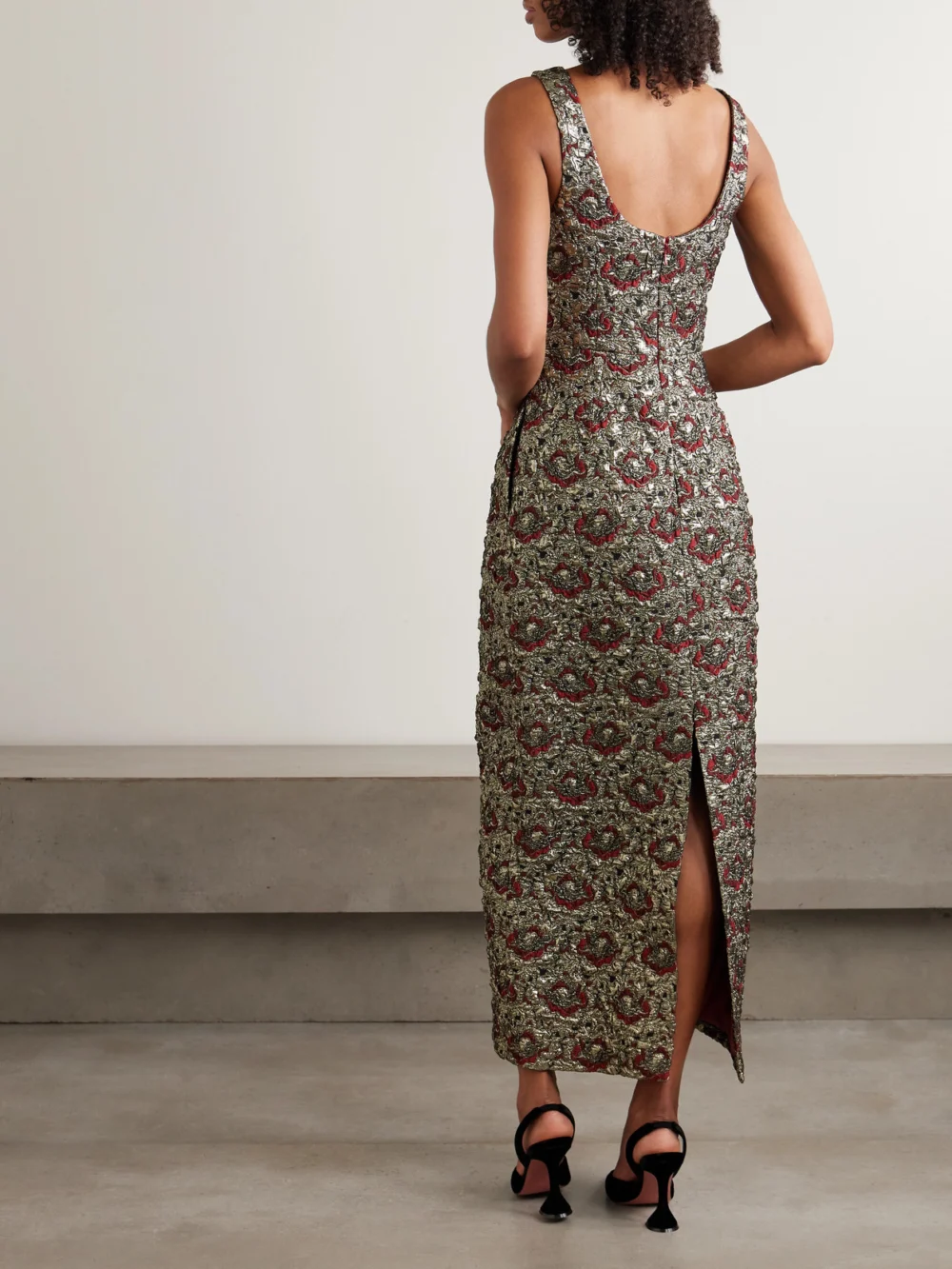 Back view of the Simkhai Ravenna Metallic Jacquard Midi Dress
