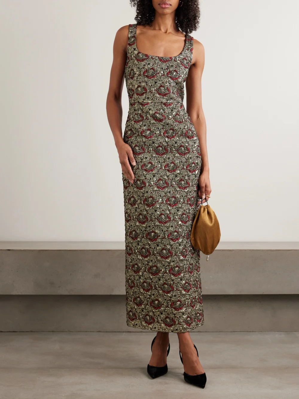 Simkhai Ravenna Metallic Jacquard Midi Dress, worn by a model