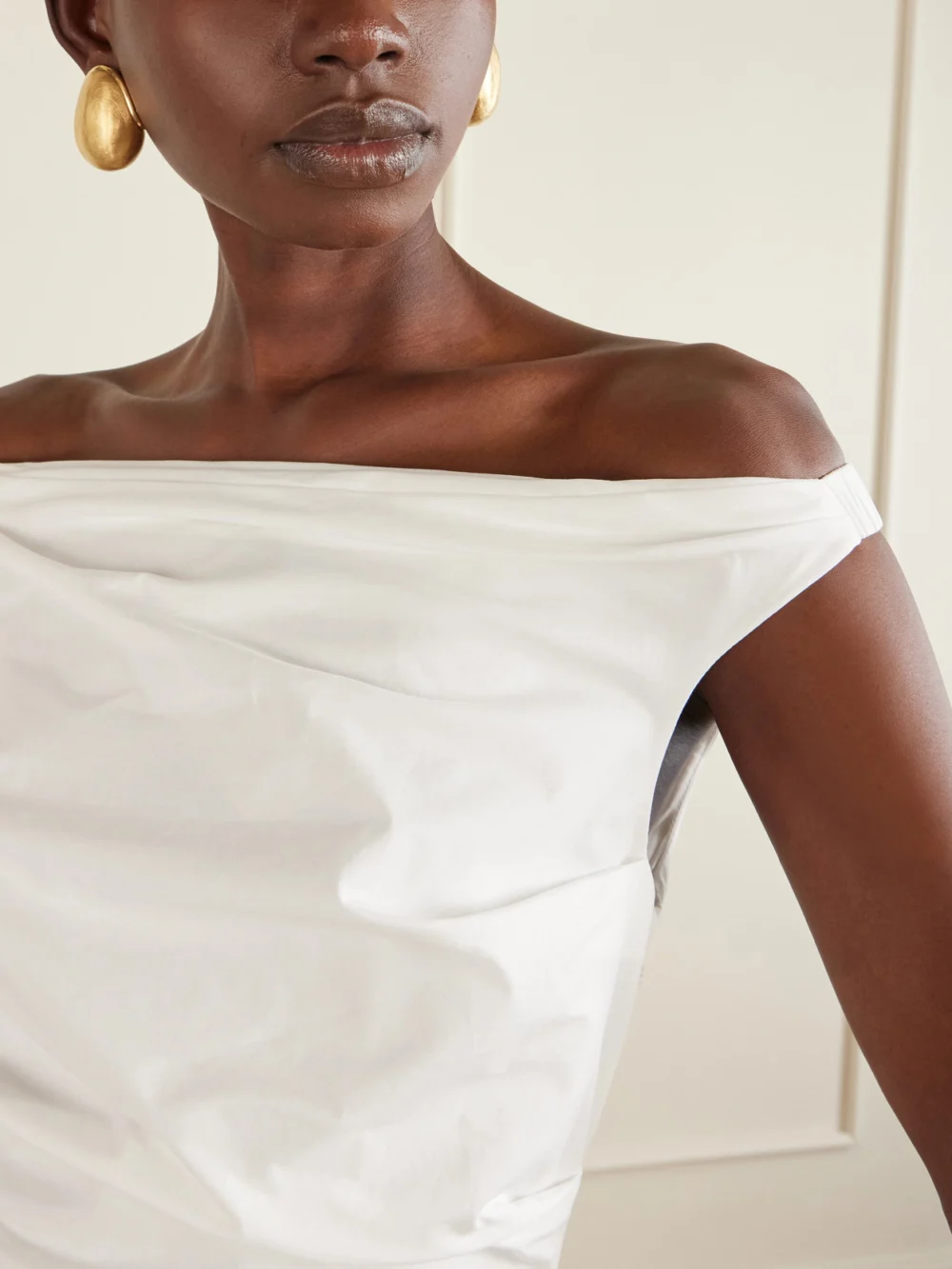 Close-up detail of the Simkhai Salina Ruched Cotton-blend Poplin Mini Dress