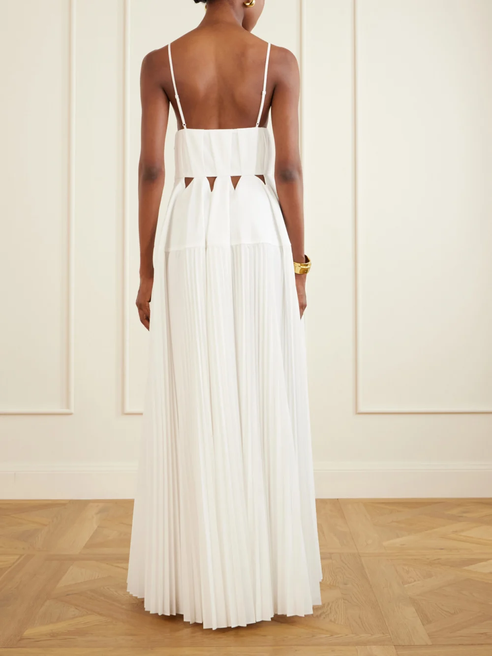 Back view of the Simkhai Selene Cut-out Pleated Poplin Maxi Dress