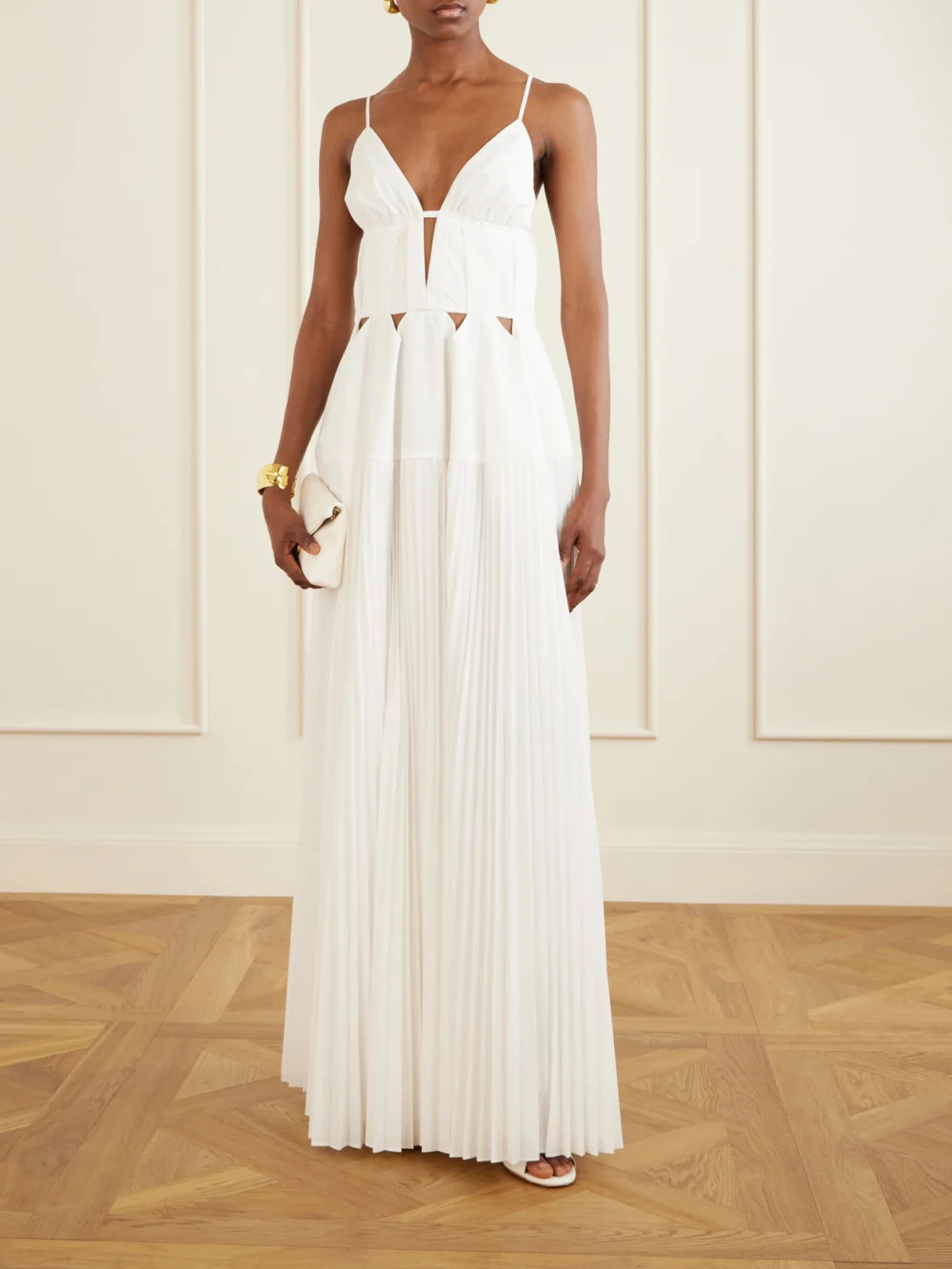 Simkhai Selene Cut-out Pleated Poplin Maxi Dress, worn by a model