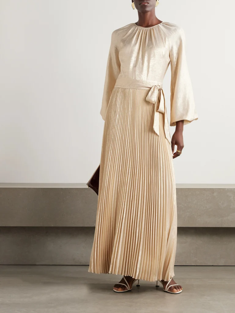 Simkhai Varenya Belted Pleated Metallic Lamé Maxi Dress