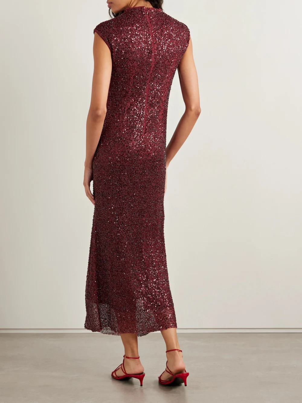 Back view of the Simkhai Zaria Embellished Draped Mesh Midi Dress