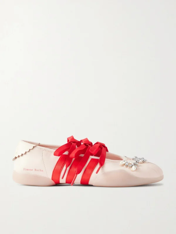 Simone Rocha + Adidas Originals Taekwondo Ballerina Embellished Pleated Leather Flats