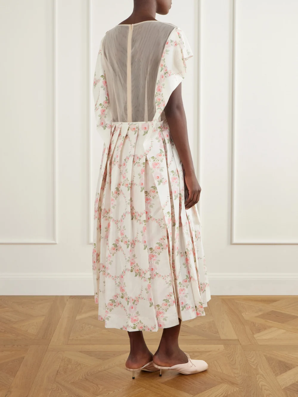 Back view of the Simone Rocha Bead-embellished Pleated Floral-printed Taffeta Midi Dress