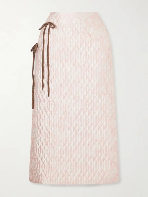 Simone Rocha Bow-detailed Chenille-trimmed Quilted Printed Satin Midi Skirt