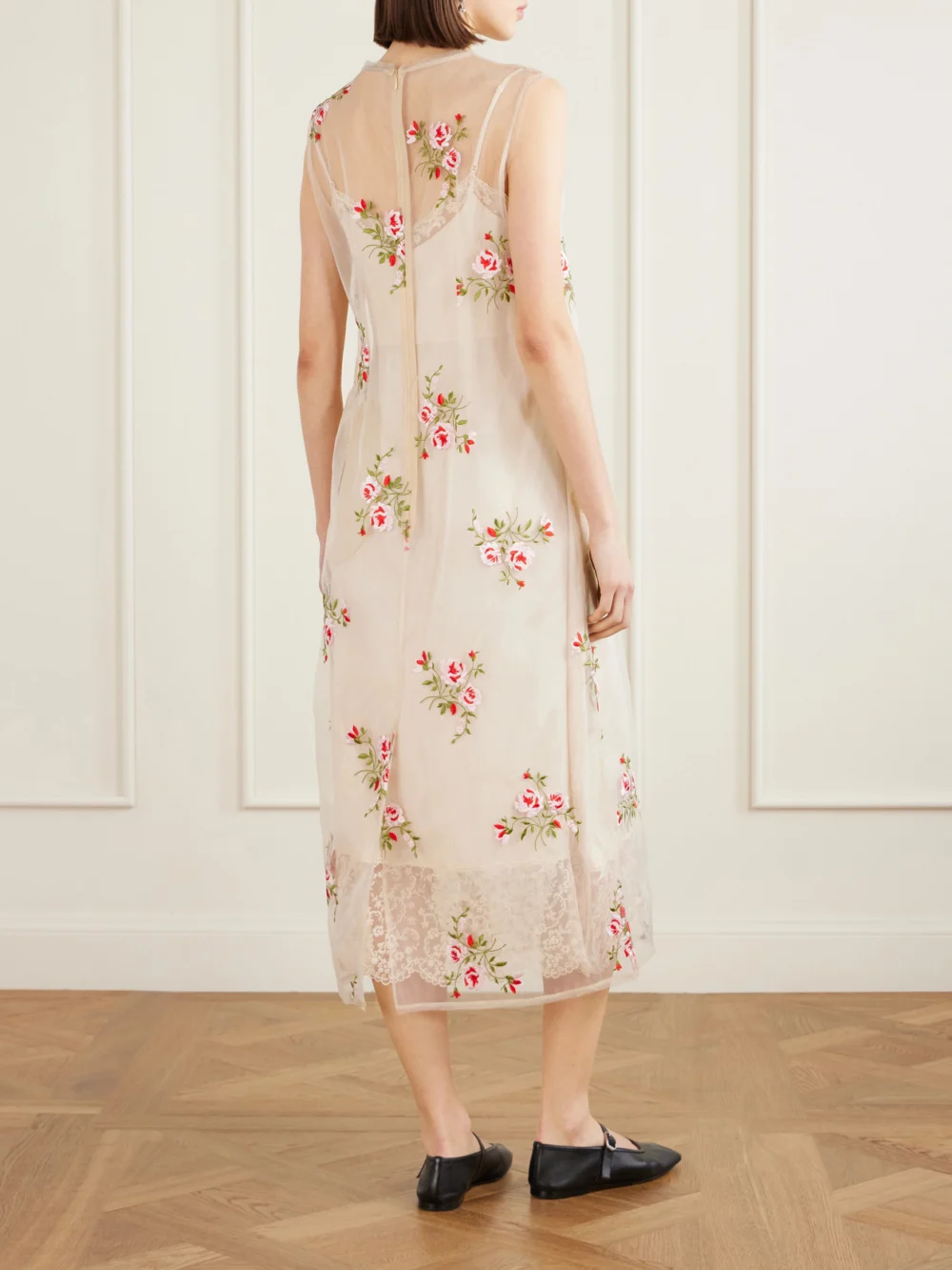 Back view of the Simone Rocha Bow-embellished Embroidered Organza Midi Dress