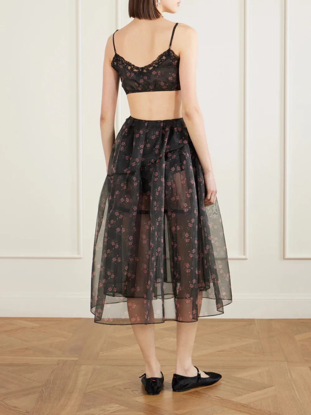 Back view of the Simone Rocha Cropped Lace-trimmed Floral-print Organza Top