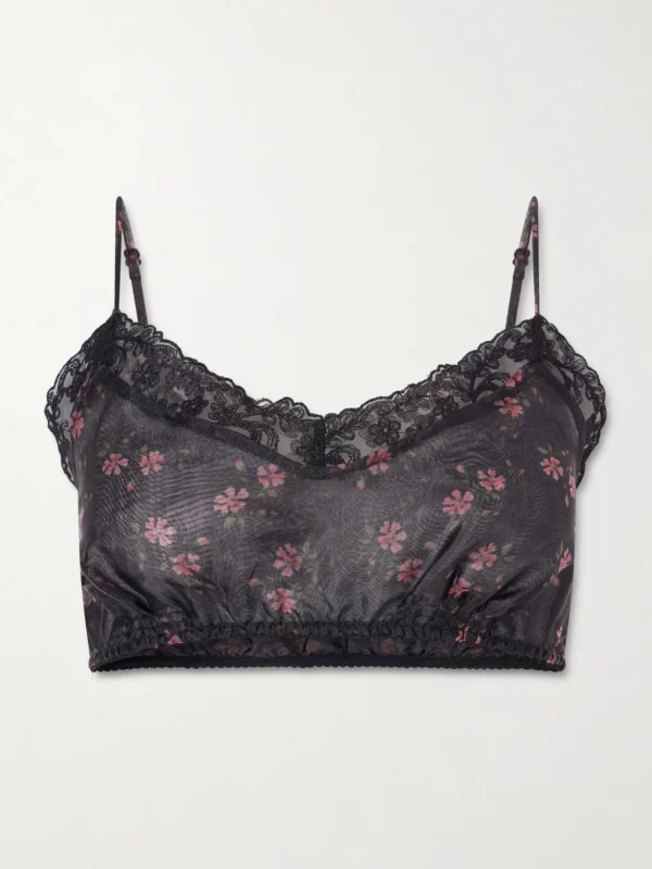 Simone Rocha Cropped Lace-trimmed Floral-print Organza Top
