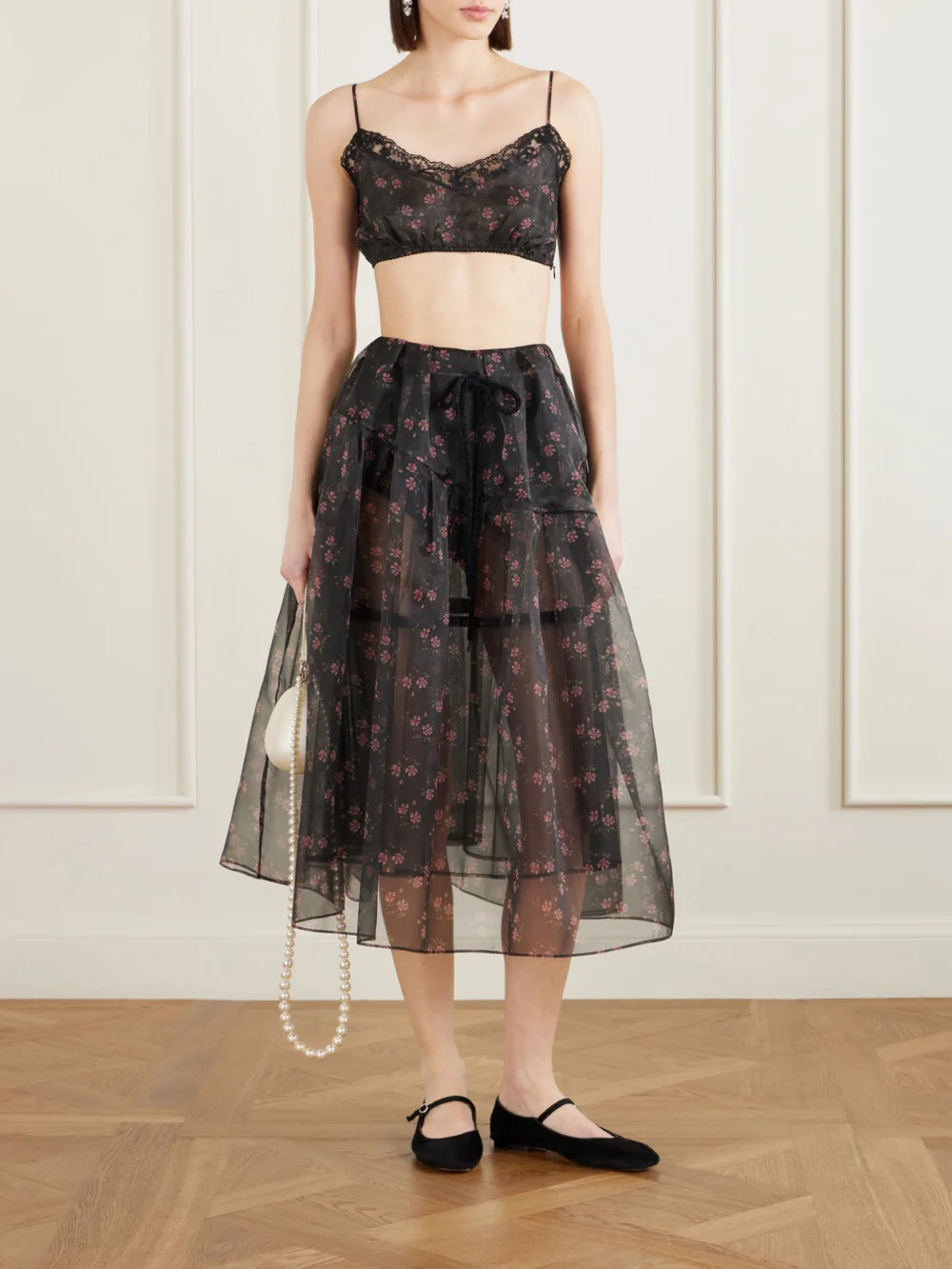 Simone Rocha Cropped Lace-trimmed Floral-print Organza Top, worn by a model