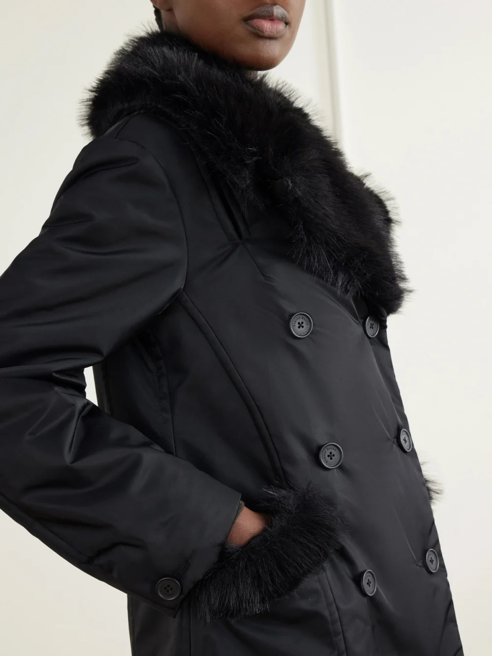 Close-up detail of the Simone Rocha Double-breasted Plush-trimmed Shell Coat