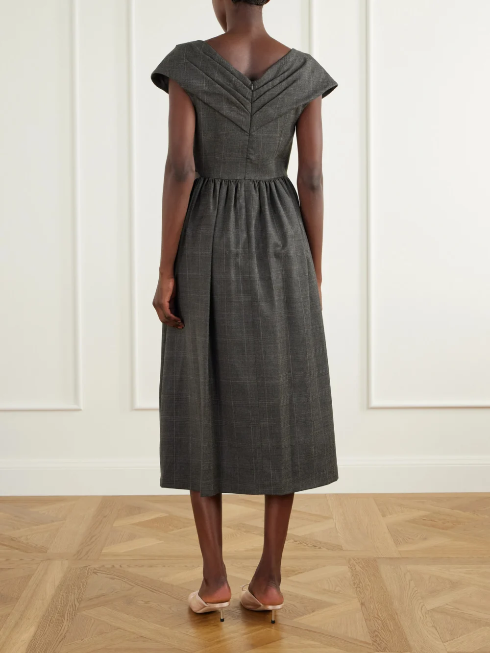 Back view of the Simone Rocha Embellished Gathered Prince of Wales Checked Wool-blend Midi Dress