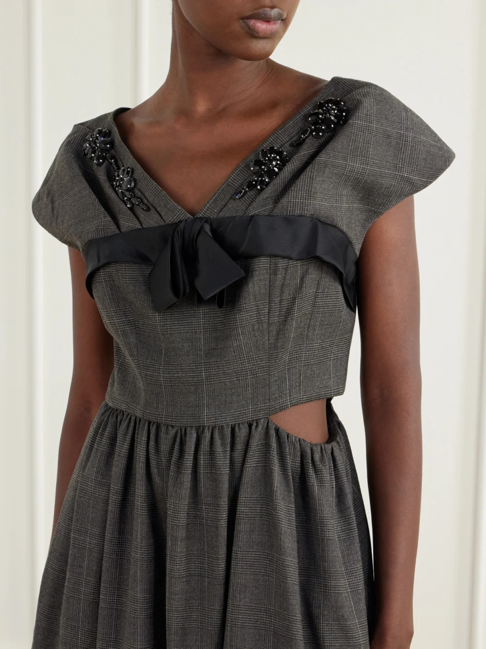 Close-up detail of the Simone Rocha Embellished Gathered Prince of Wales Checked Wool-blend Midi Dress