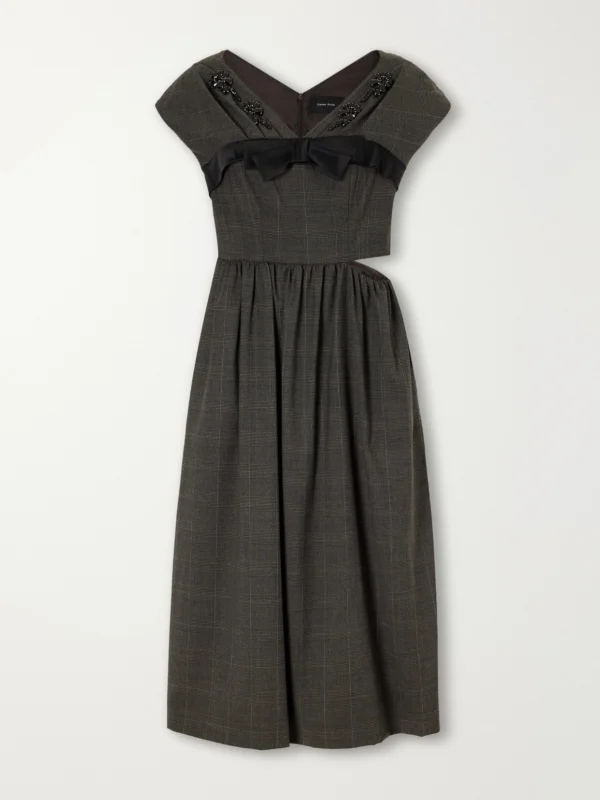 Simone Rocha Embellished Gathered Prince of Wales Checked Wool-blend Midi Dress