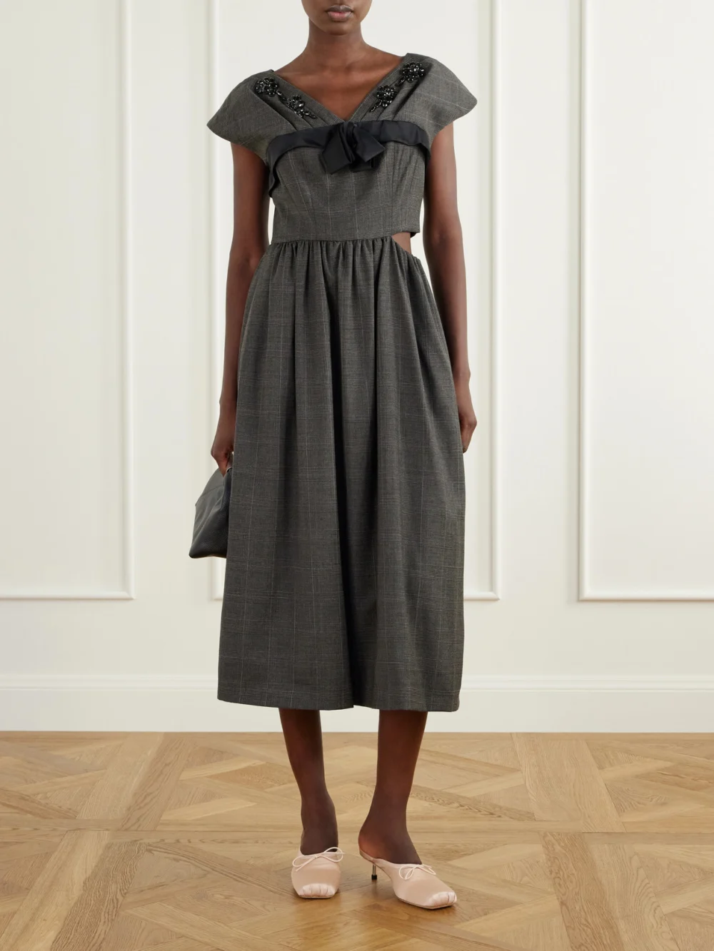 Simone Rocha Embellished Gathered Prince of Wales Checked Wool-blend Midi Dress, worn by a model