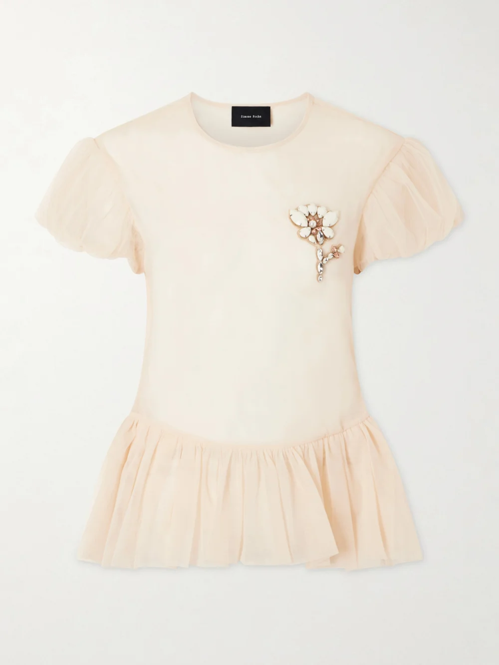 Simone Rocha Embellished Organza Peplum Blouse in beige