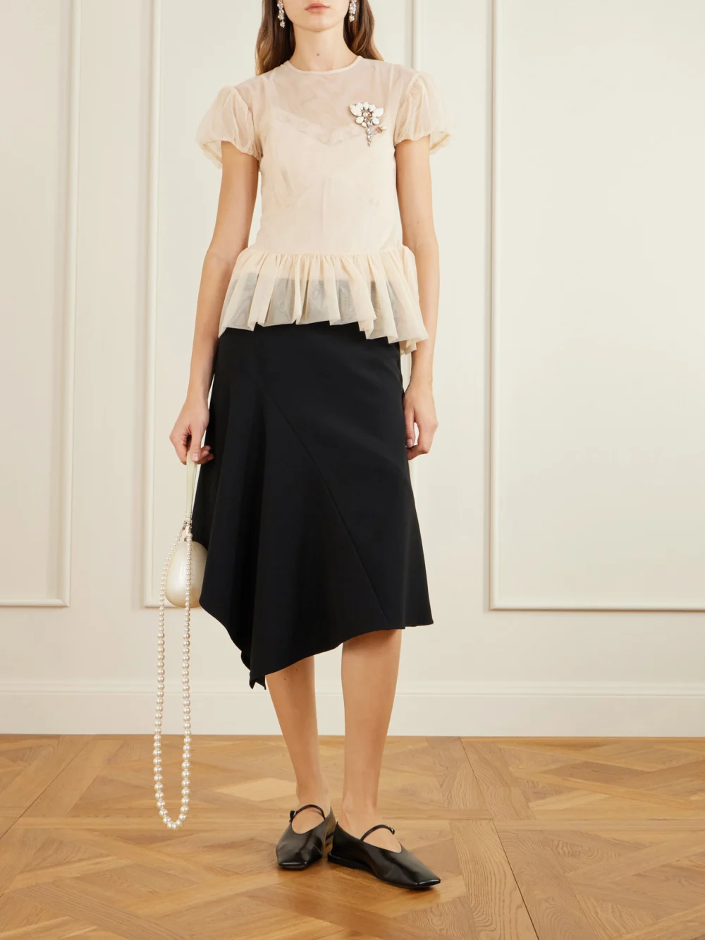 Simone Rocha Embellished Organza Peplum Blouse, worn by a model
