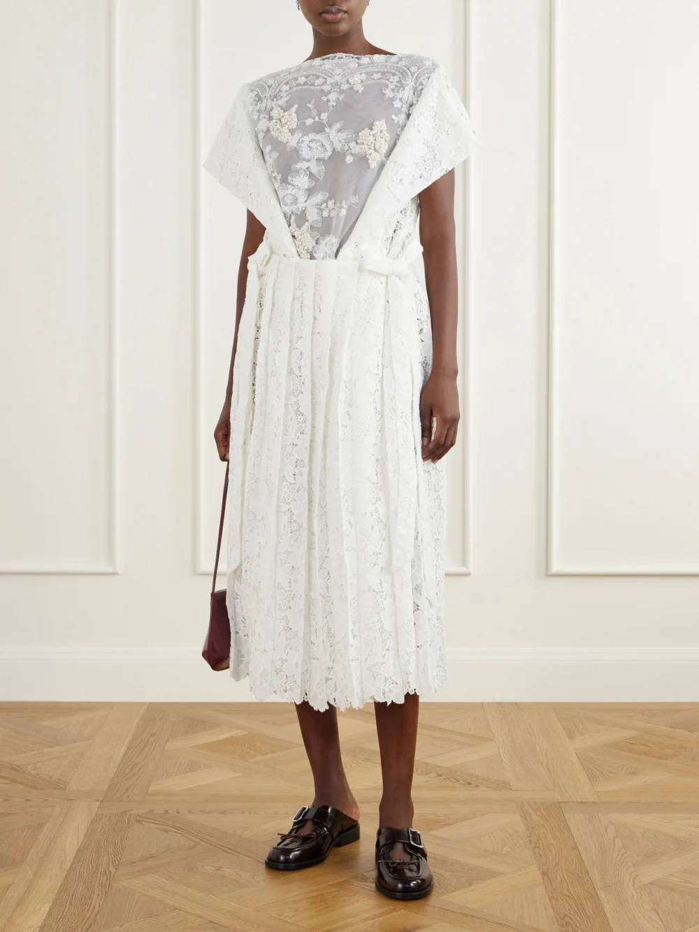 Simone Rocha Embellished Pleated Lace Midi Dress, worn by a model