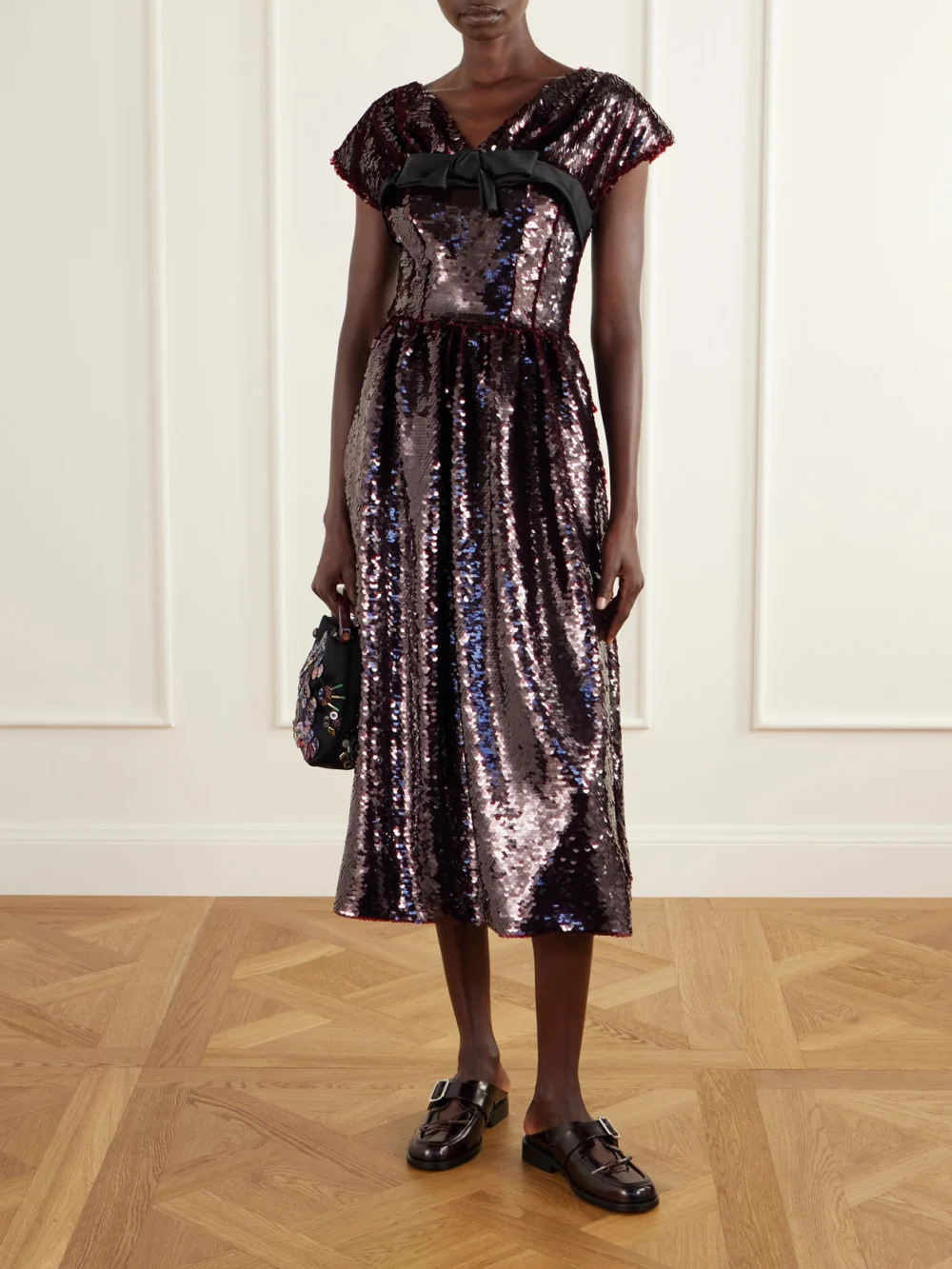 Simone Rocha Gathered Bow-detailed Sequined Midi Dress, worn by a model
