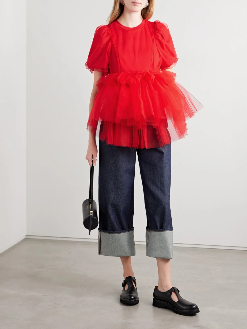 Simone Rocha Layered Ruffled Cotton-jersey and Tulle T-shirt, worn by a model