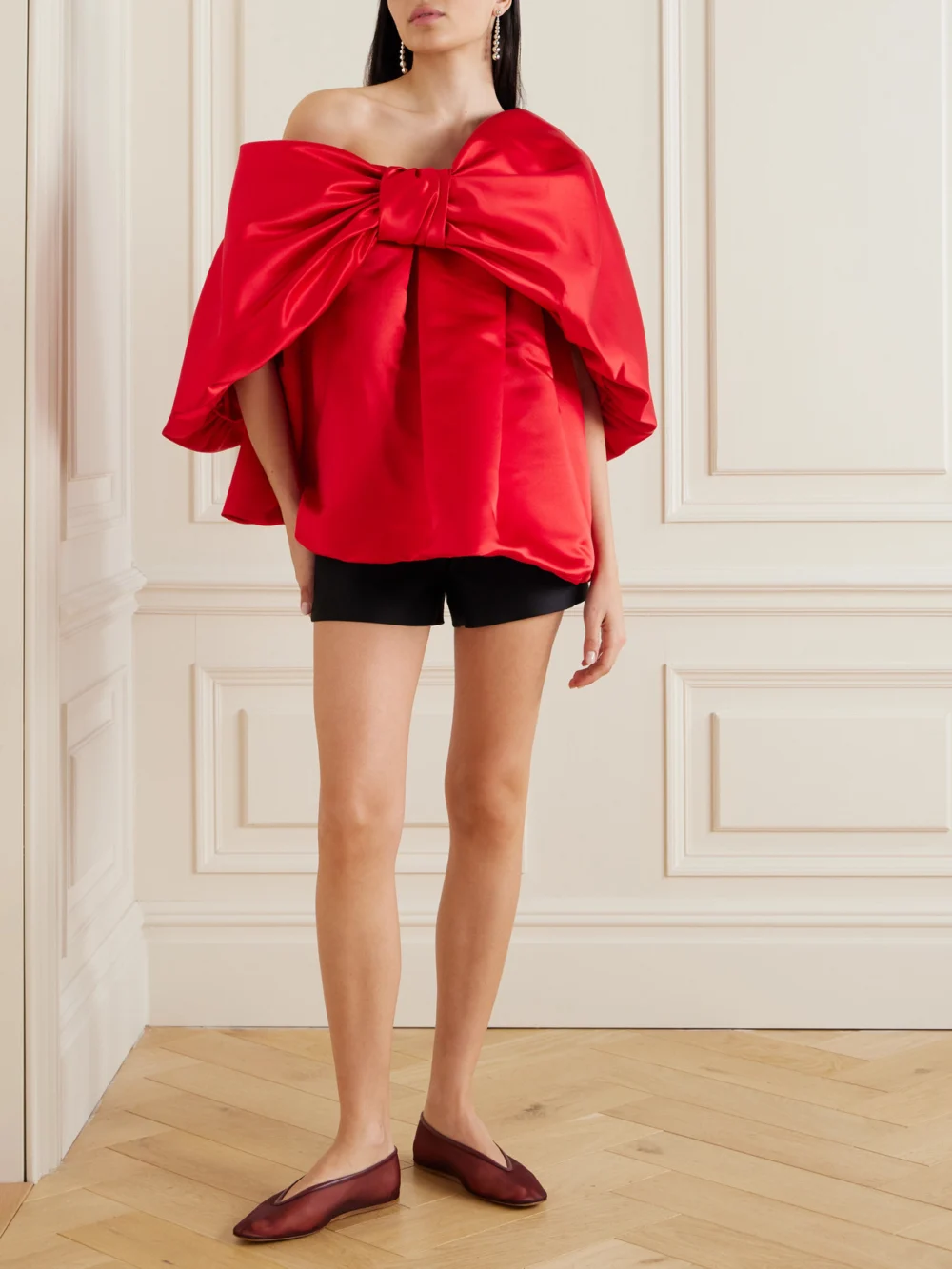 Simone Rocha Off-the-shoulder Bow-embellished Satin Blouse, worn by a model