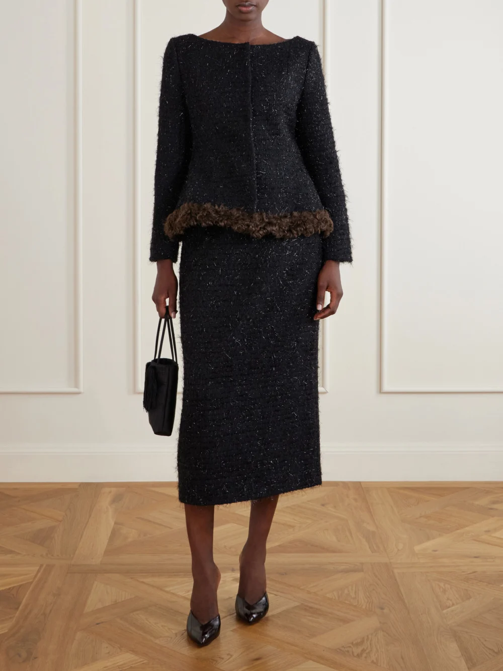 Simone Rocha Plush-trimmed Metallic Tweed Jacket, worn by a model