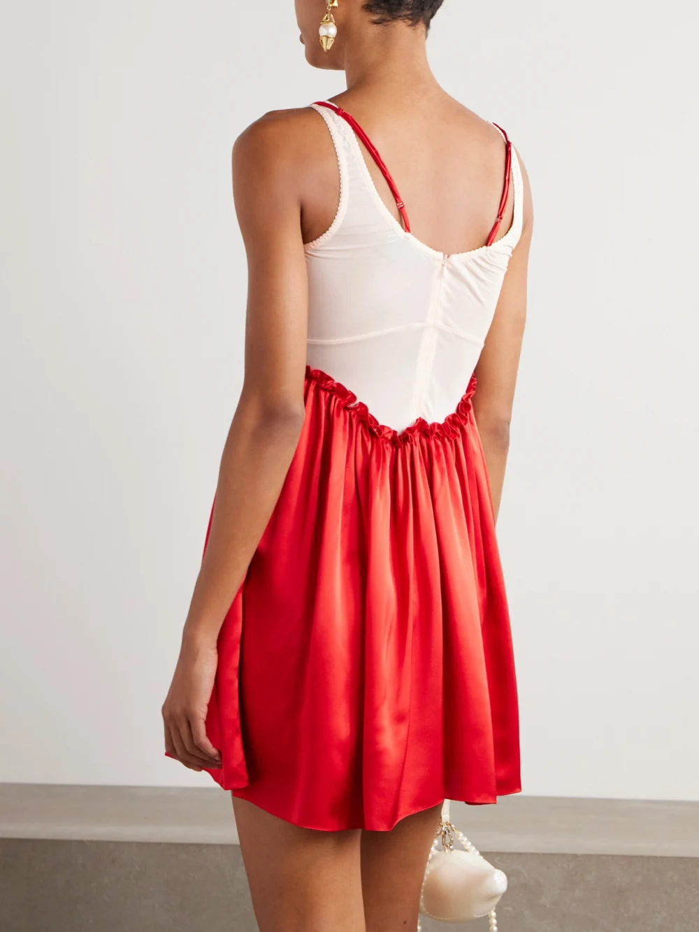 Back view of the Simone Rocha Ruffled Pleated Jersey-trimmed Silk-satin Mini Dress