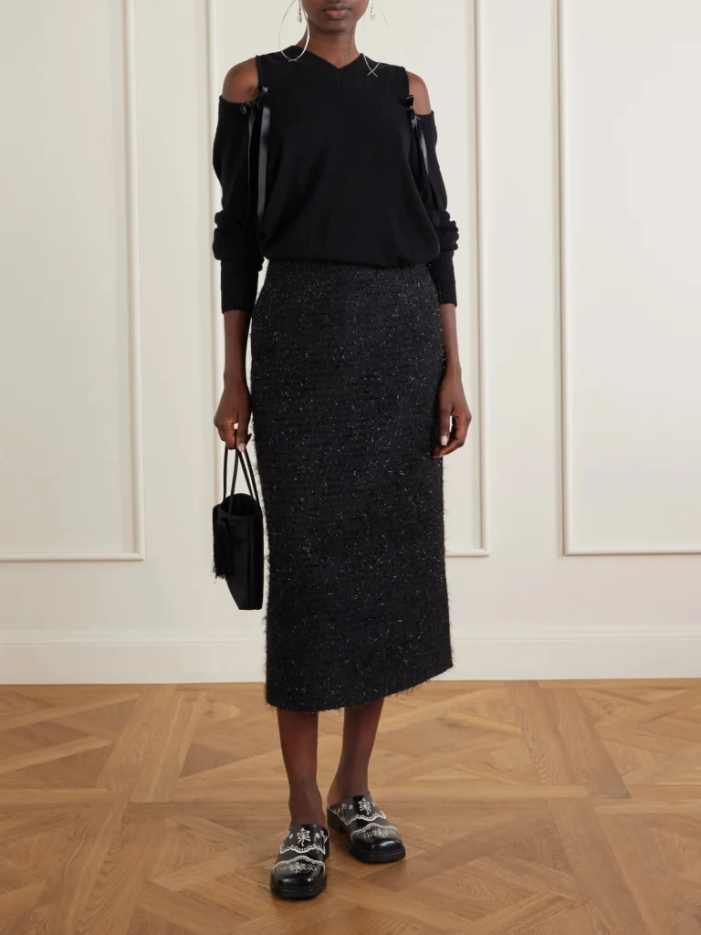 Simone Rocha Shearling-trimmed Metallic-tweed Midi Skirt