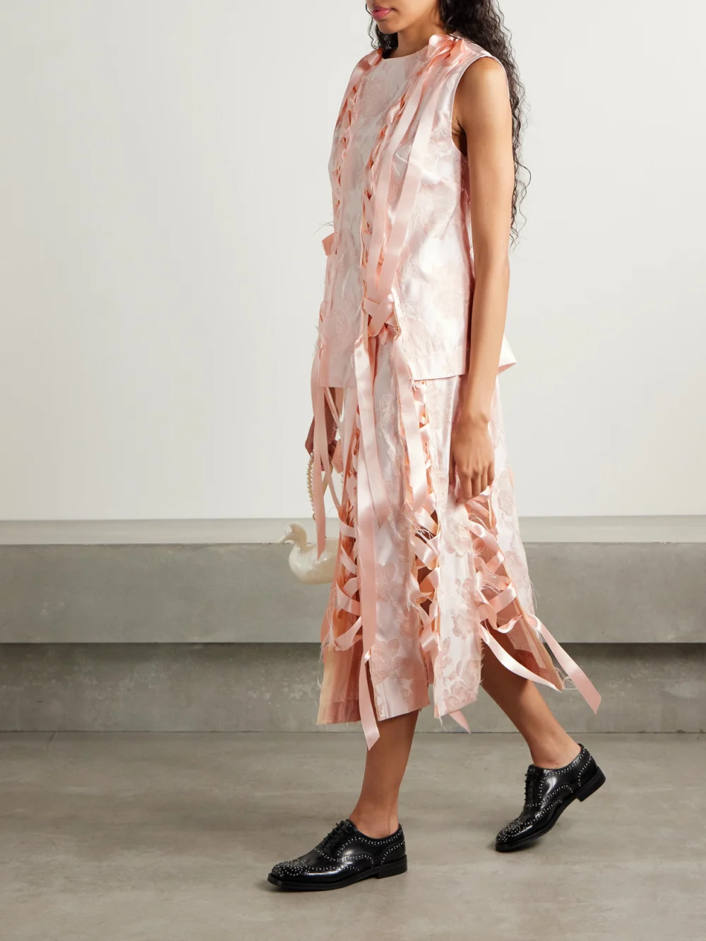 Simone Rocha Unraveling Ribbon Lace-up Frayed Brocade Top, worn by a model