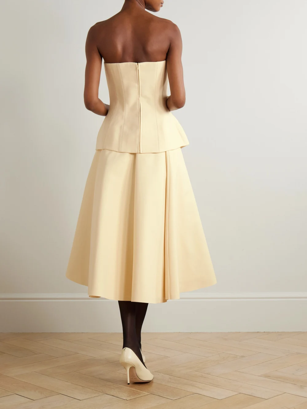Back view of the Solace London Ada Strapless Layered Gathered Crepe Midi Dress