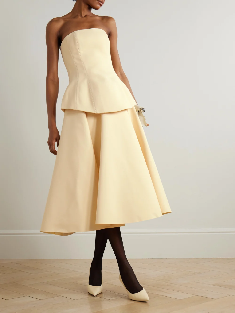 Solace London Ada Strapless Layered Gathered Crepe Midi Dress, worn by a model