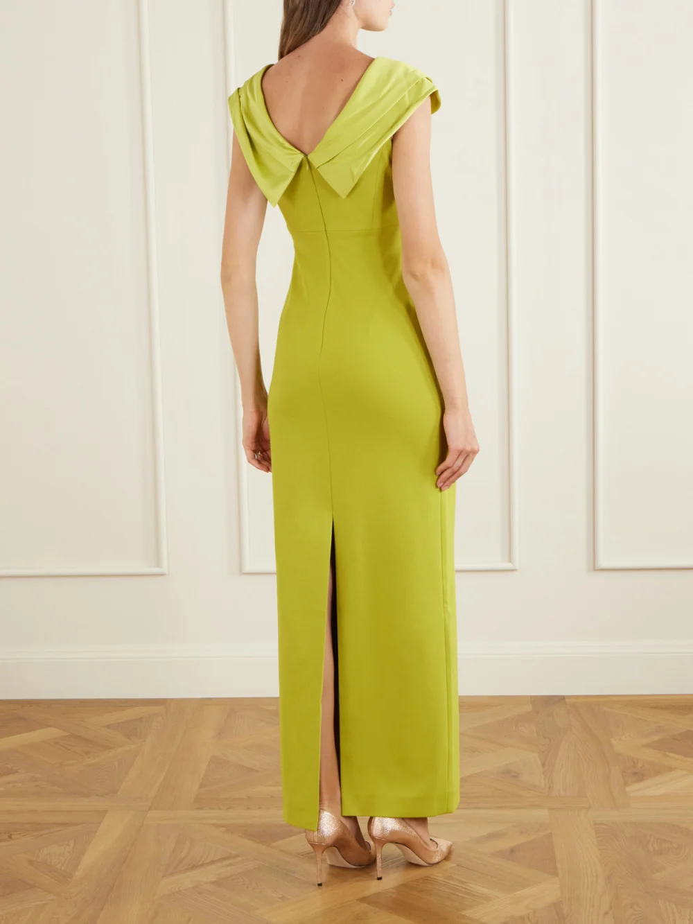 Back view of the Solace London Adele Draped Satin-trimmed Crepe Maxi Dress