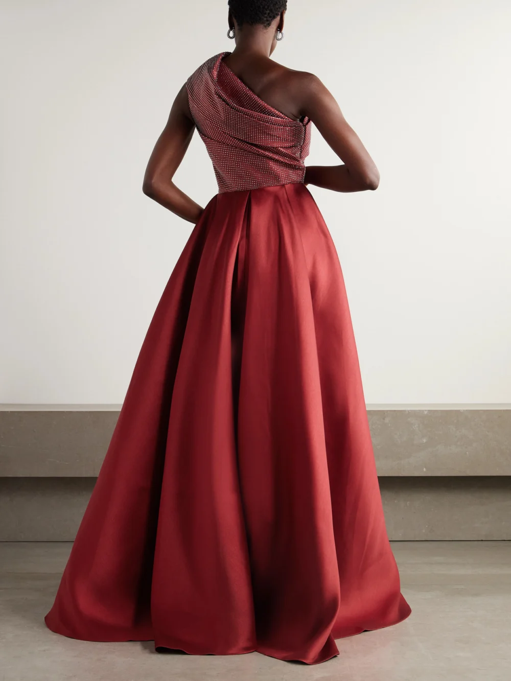 Back view of the Solace London Alba One-shoulder Crystal-embellished Faille Gown