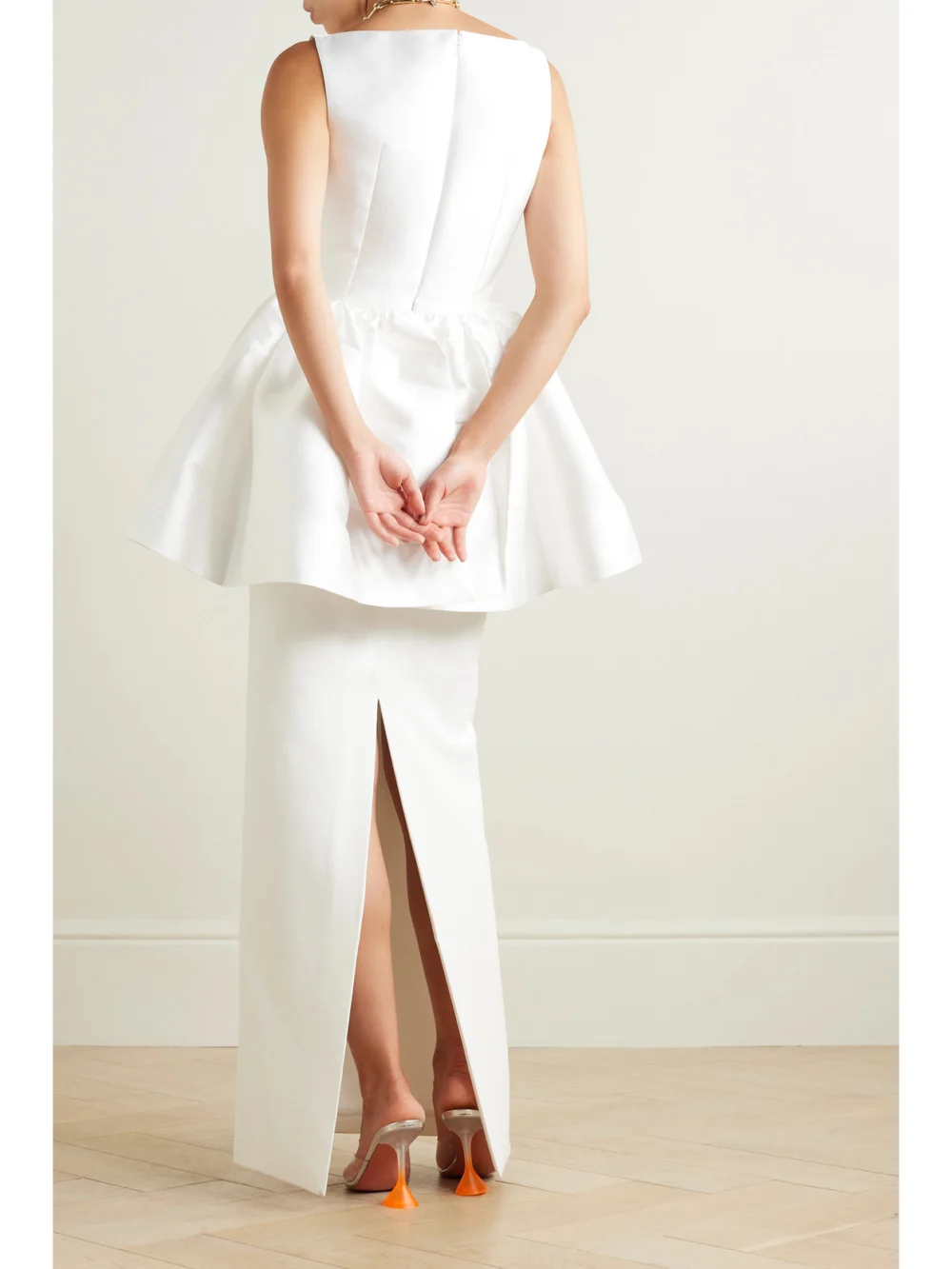 Back view of the Solace London Alda Satin-twill and Crepe Peplum Gown