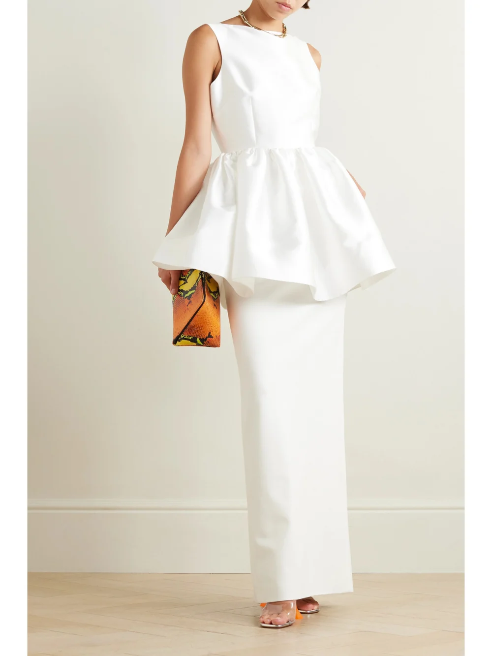 Solace London Alda Satin-twill and Crepe Peplum Gown, worn by a model