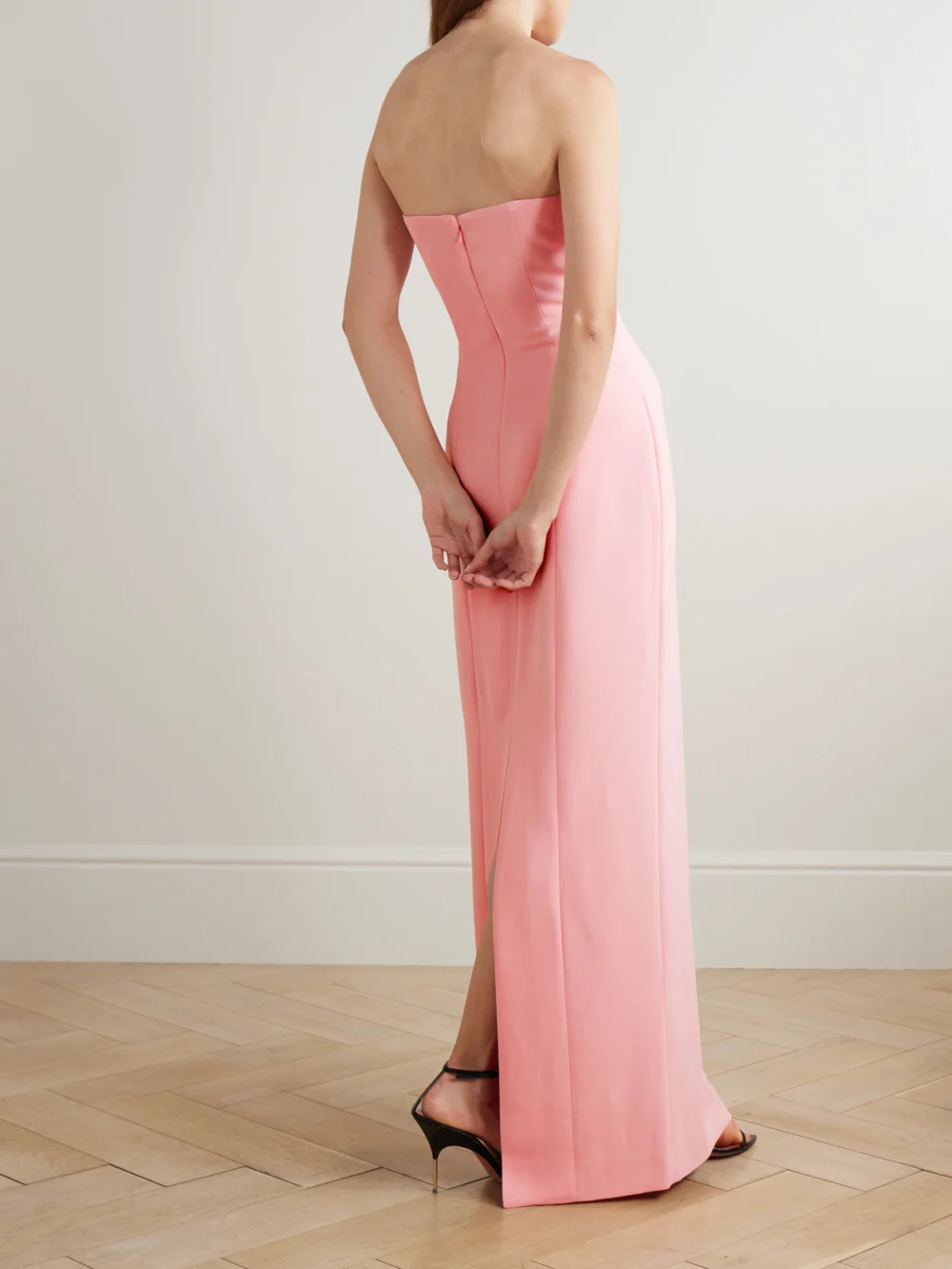 Back view of the Solace London Anderson Strapless Crepe Gown