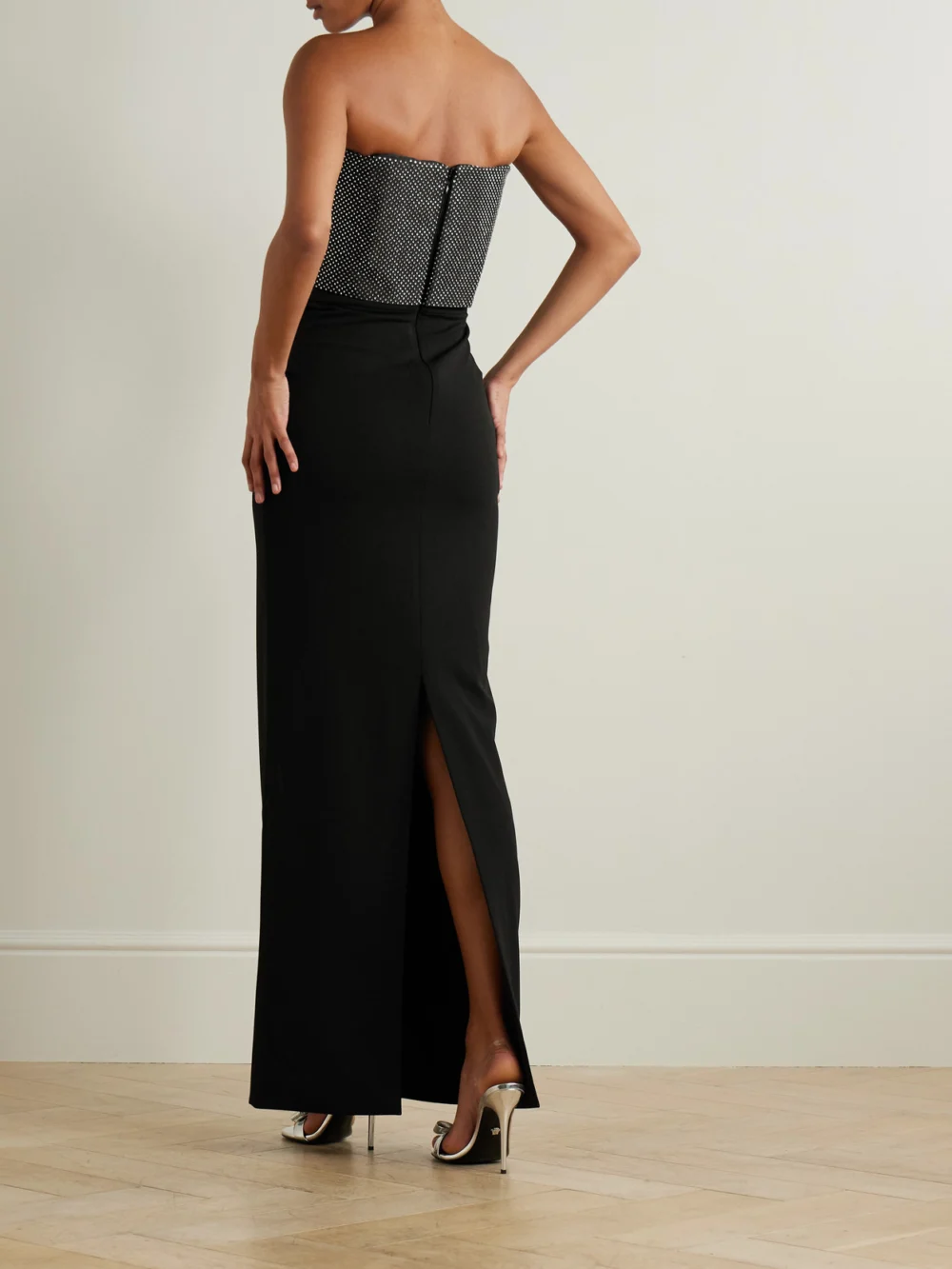Back view of the Solace London Brandi Strapless Layered Crystal-embellished Satin-twill Trimmed Stretch-cady Gown