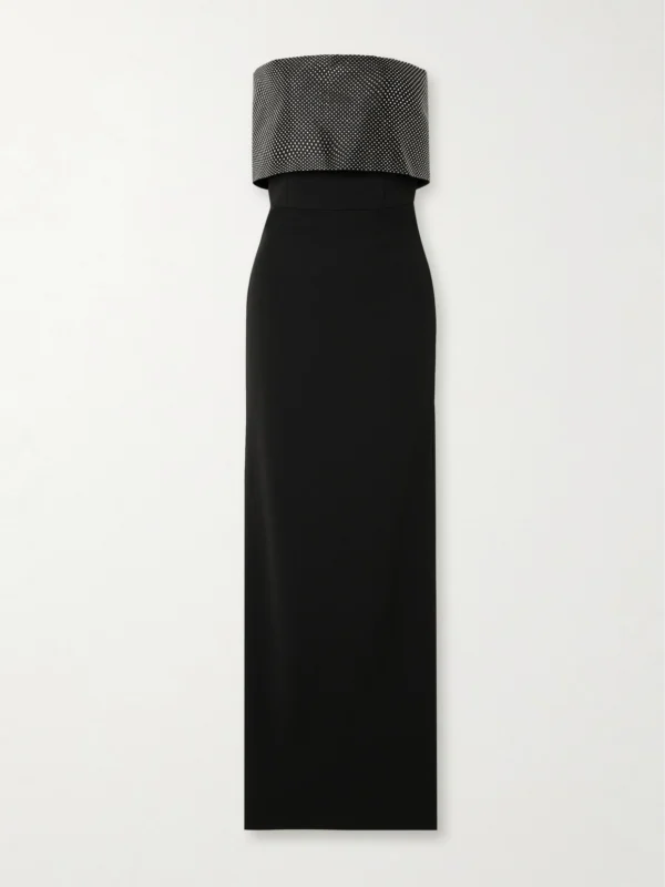 Solace London Brandi Strapless Layered Crystal-embellished Satin-twill Trimmed Stretch-cady Gown