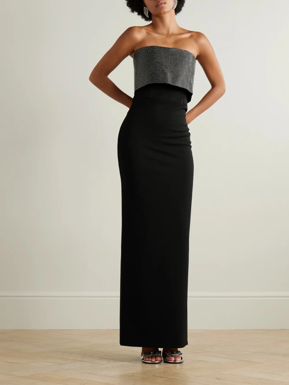 Solace London Brandi Strapless Layered Crystal-embellished Satin-twill Trimmed Stretch-cady Gown, worn by a model