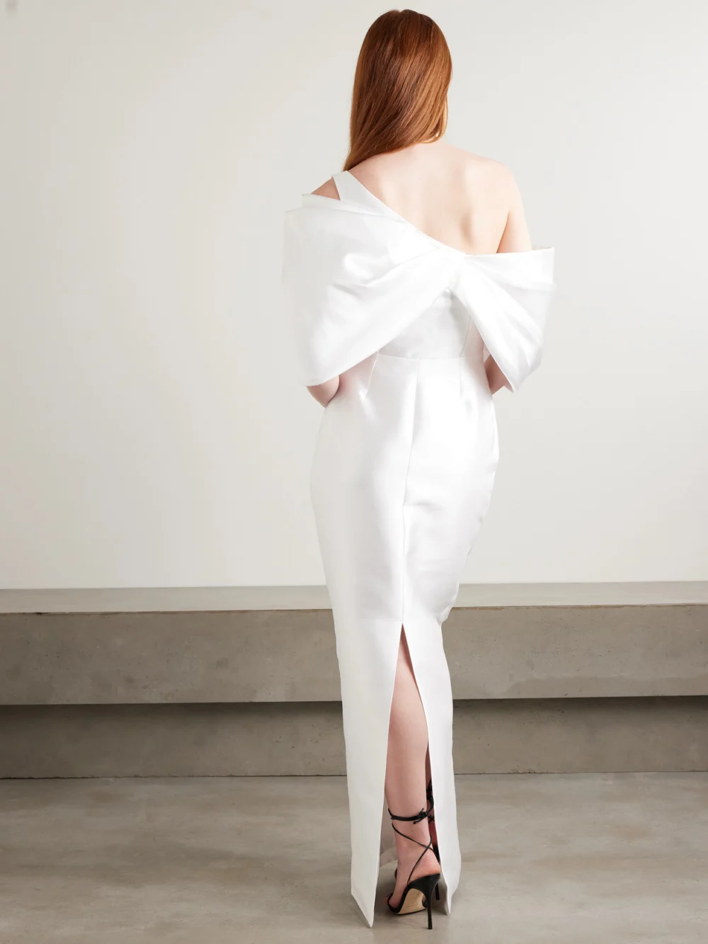 Back view of the Solace London Davina Off-the-shoulder Draped Faille Gown