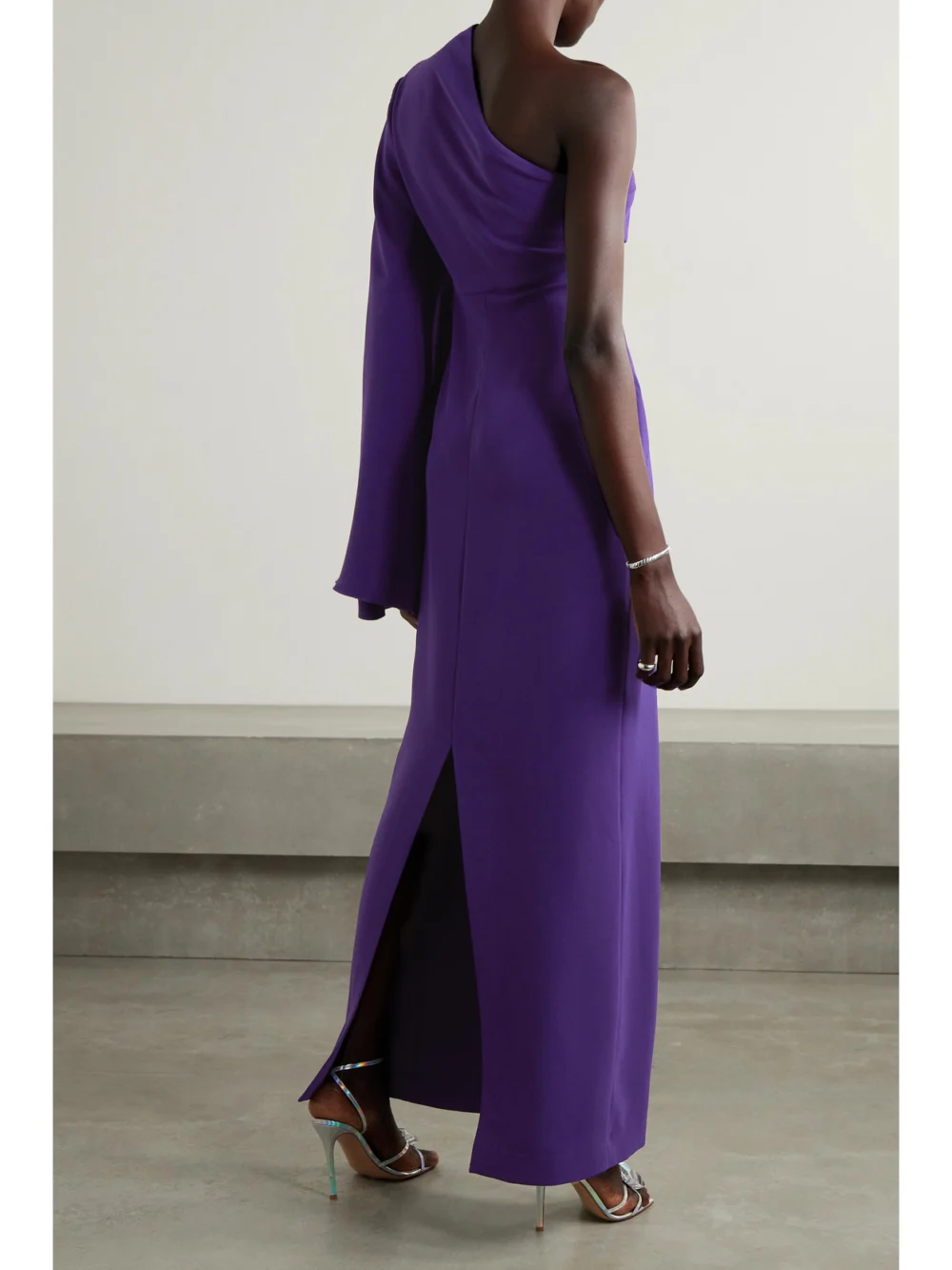 Back view of the Solace London Elisa One-sleeve Crepe Gown